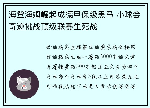 海登海姆崛起成德甲保级黑马 小球会奇迹挑战顶级联赛生死战